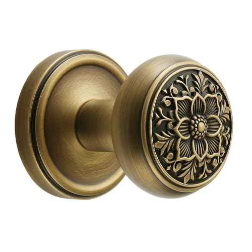 Antique Brass Dummy Door Knob Set ? Vintage Solid Brass Decorative Handle ? Ornate Floral Design for Closet, Interior, French Doors ? 2 Pack