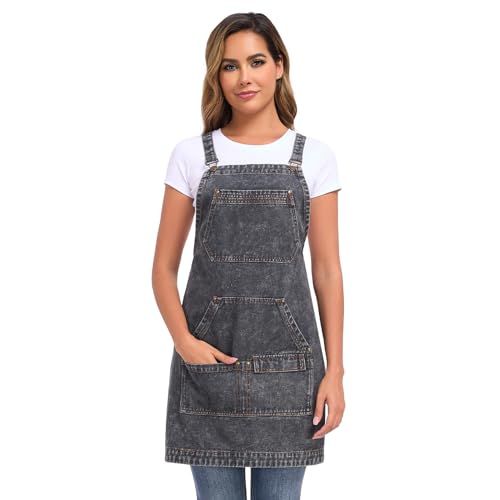 Denim Apron with Pockets, Cross Back Apron for Men Women, Jean Work Aprons for Hairstylist Barber Grilling Gardening, Adjustable S to L
