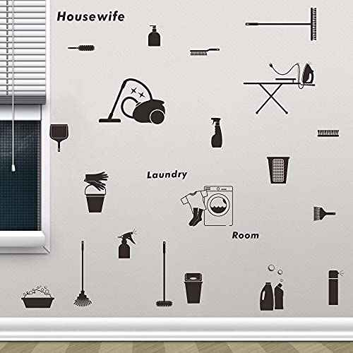 Housewife Laundry Room Wall Decal - Removable PVC Wall Sticker for Ironing and Cleaning Room - Fun and Motivational Laundry Room Decor with Cleaning Theme JWH148 (Black)
