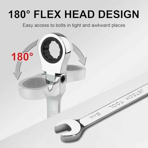 Jetech 8mm Flexible Head Ratchet Wrench, Industrial Grade Cr-V Steel, 12 Point, Off Corner Design, 72 Tooth Ratchet, 180 Degree Flexible Box End