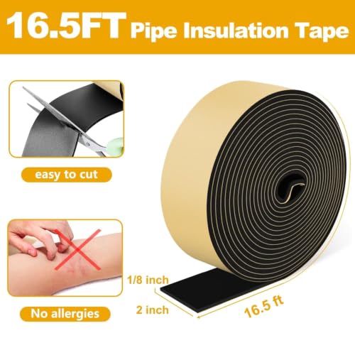 DEMEDO Pipe Insulation Tape, Pipe Wrap Insulation Foam Tape Self Adhesive, Outdoor Water Pipe Insulation Roll for HVAC, AC Line Insulation, 2 inch x 16.5 FT Heat Tape for Water Pipe, Black