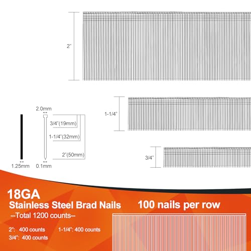 PINOZE 18 Gauge Stainless Steel Brad Nails 1200-Count for Nail Gun, 3 Sizes