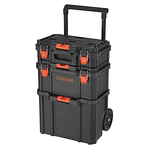 Beyond BLACK+DECKER Stackable Storage System - 3 Piece Set with Rolling Tote, Deep & Shallow Toolboxes - Portable Organizer