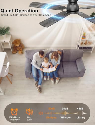 Ohniyou 52'' Black Low Profile Ceiling Fan with Lights, Remote & App Control
