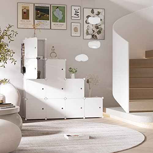 C&AHOME Cube Storage Organizer with Doors, 12-Cube Shelves, Closet Cabinet, DIY Plastic Modular Bookshelf Ideal for Bedroom, Living Room, 36.6¡±L x 12.4¡±W x 48.4¡±H Milky USHS3012M-DOOR