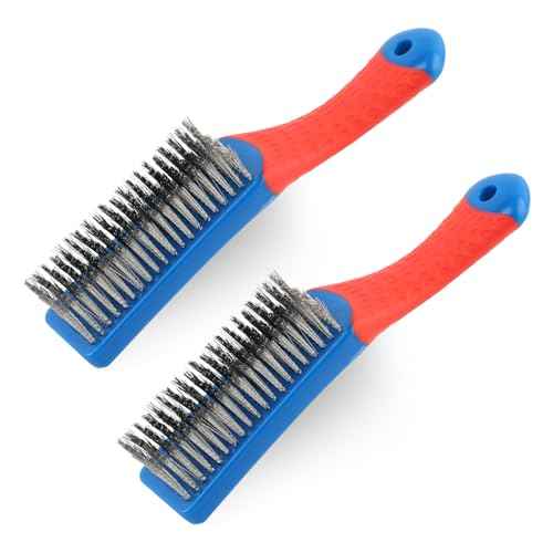 2 Pack Steel Brush for Cleaning-Heavy Duty Stainless Steel Wire Brush for Metal Rust Cleaning,Paint Scrubbing with Rubber Covered Handle
