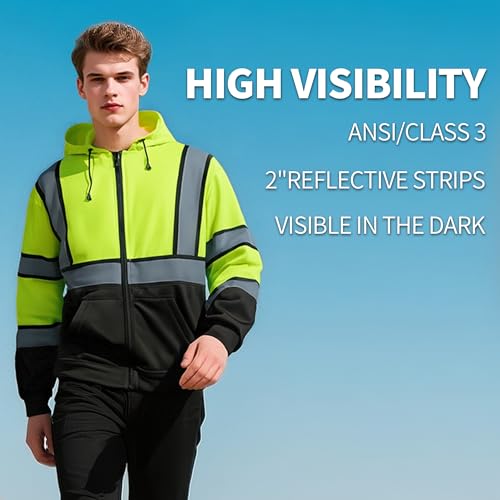 High Visibility Hoodie for Men Class 3 Hi Vis Safety Hoodies Reflective Construction Sweatshirt with Pockets