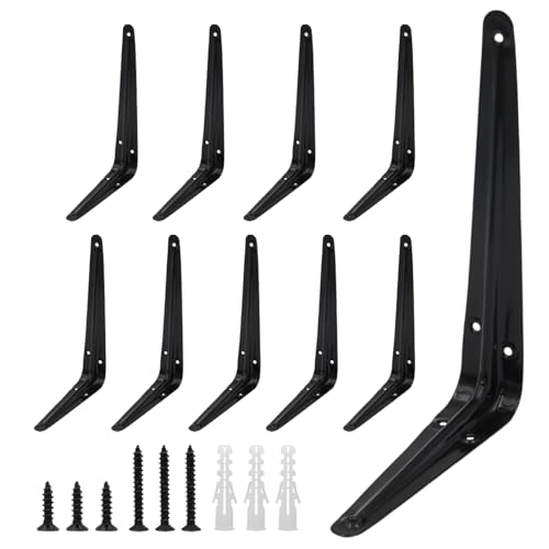 Lilaly 10 Pack Black 6x8 Inch Heavy Duty Shelf Brackets for Wall Shelves