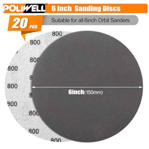 6 Inch (150mm) 800 Grit Sanding Discs Waterproof Hook & Loop Heavy Duty Silicon Carbide Round Flocking Sandpaper for Wet/Dry Sanding Grinder Polishing Accessories, 20-Pack