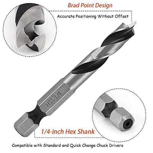 6pcs 1/4" Quick Change Hex Shank Wood Brad Point Stubby Short Drill Bit Set HSS 4241 Woodworking Drill for Right Angle Drill and Used in Tight Spaces
