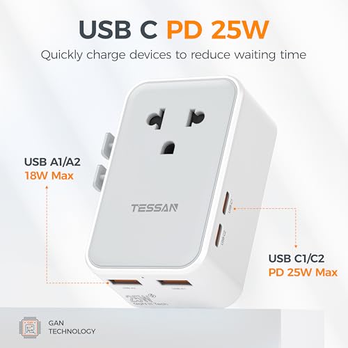 TESSAN Grey Universal Travel Adapter 25W with USB-C & 5-in-1 Power, Ultra Thin