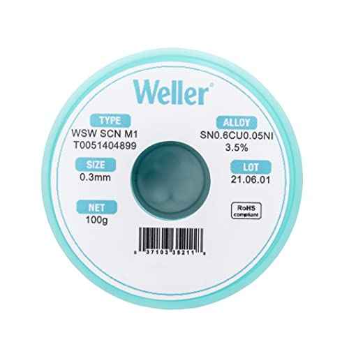 Weller WSW SCN M1 (T0051404899) Lead Free Solder Wire, Dia: 0.3 mm / 0.012 in, Wt: 100 g / 3.527 oz, Alloy Sn99.3Cu0.6Ni0.05, Flux content 3.5%