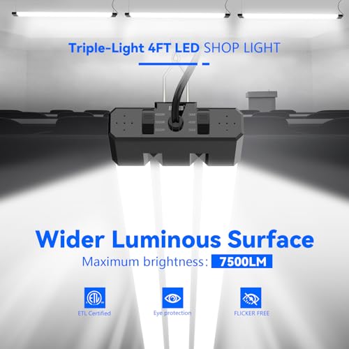 JESLED 4FT LED Shop Lights Black 7500LM, Adjustable 3CCT & Wattage, ETL Certified