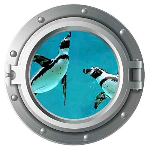 Niwo ART - Penguin, Sea Porthole Under Water Submarine 3D Decal, Peel and Stick Self-Adhesive Wall Sticker (12 inches)