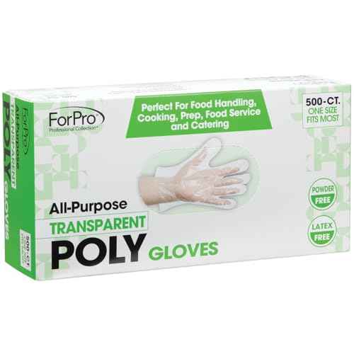 ForPro Professional Collection Disposable Poly Plastic Gloves, All-Purpose Food Safe Gloves for Cooking, Food Handling and Prep, Latex-Free, Non-Sterile, Clear, One Size, 500-Count