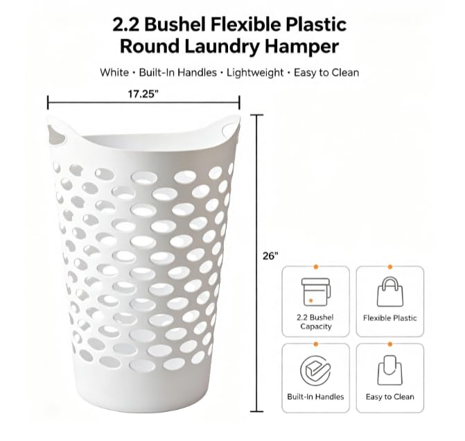 Tall Flex Laundry Basket with Handles – White Plastic Hamper 17.75 x 17.25 x 26 in