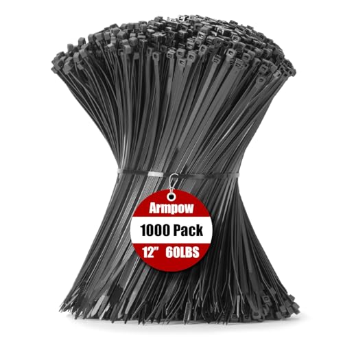 Armpow 12 Inch Black Zip Ties 1000 PCS Heavy Duty Nylon Cable Ties Indoor Outdoor