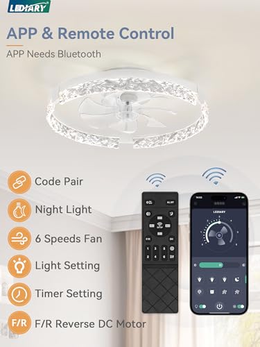 LEDIARY 20-inch White Low Profile Ceiling Fan with Light, Remote & APP Control, Reversible Motor