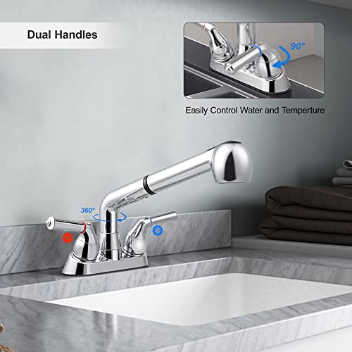 Awelife Brushed Nickel Utility Sink Faucet with Pull Out Sprayer, 4 Inch Centerset, 3-Hole Installation