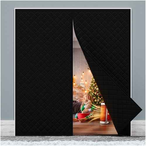 Magnetic Thermal Insulated Door Curtain Fit Door Size 72" x 80", Quilted Oxford Fabric Thicken Cotton Fill, Winter Door Cover Keep Cold Draft Out, Blanket Insulation for Front Patio Doors Black