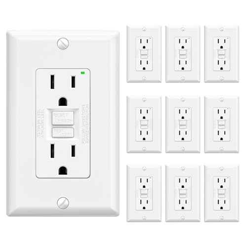 ELEGRP GFCI Outlet 15 Amp, Self-Test GFI Electrical Outlet with Narrow Design, GFCI Receptacle with LED Indicator, UL Listed, White, Wall Plate Included, 10 Pack
