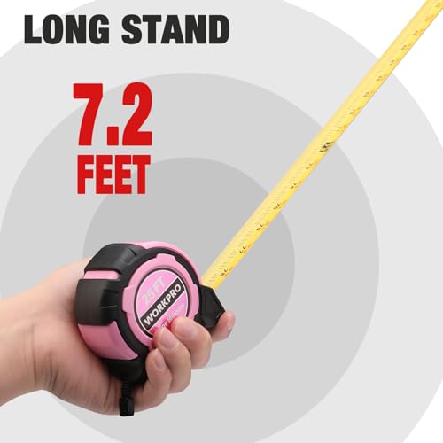 WORKPRO Pink 25FT Tape Measure with Easy Read 1/8 Inch Markings & Magnetic Hook
