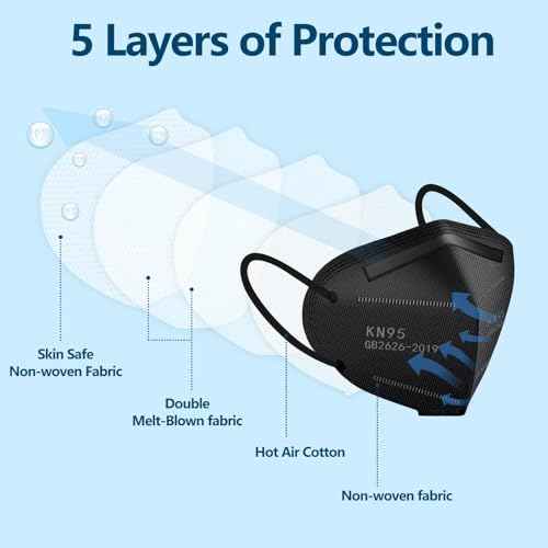 50PCS KN95 Face Masks Black 5 Layer Cup Dust Safety Filter Efficiency¡Ã95% with Elastic Ear Loops and Nose Bridge Clip Breathable Mask