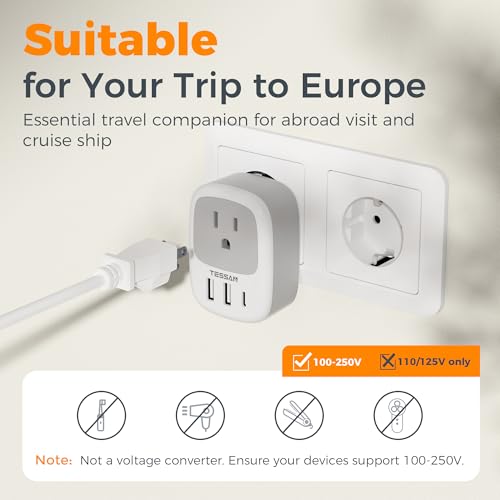 TESSAN 2 Pack Travel Plug Adapter US to Europe Type C, White & Grey
