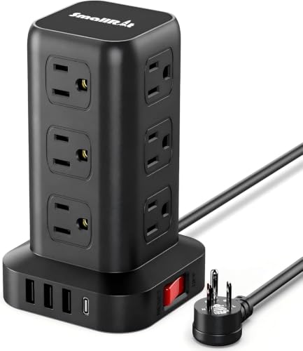 SMALLRT Black Power Strip Tower with 12 Outlets & 4 USB Ports, 6.5FT Extension Cord, Overload Protection, No Wireless Charging
