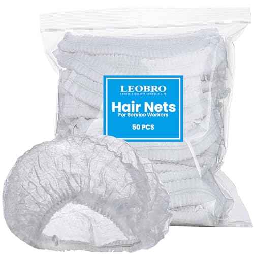 LEOBRO Hair Net, Hair Nets for Food Service Workers, 50PCS Hairnets for Foodservice, Kitchen Hair Nets for Women Men Cooking, Non-woven Bouffant Caps, Disposable Hair Cap Hair Cover, White, 21 Inch
