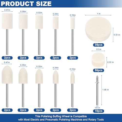 115PCS Polishing Buffing Wheels for Dremel Tool Accessories, 1/8" Shank Polishing Wheels for Dremel Polishing Kit | Professional Wool Restoration & Buffing Kit for Metal, Jewelry, Wood