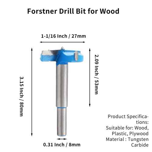 1-1/16 Inch / 27mm Forstner Drill Bit, 1.0625 Inch Boring Bit Cutter Tungsten Carbide Wood Hole Saw Auger Opener, Woodworking Hole Opener Hinge Hole Cutter for Wood, Plastic, Plywood
