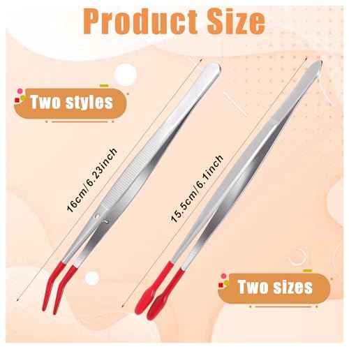 4 Pieces Tweezers with Rubber Tips PVC Rubber Coated Tweezers Rubber Long Bent Tip Tweezer and Straight Flat Tip Tweezer for Lab Stamp Hobby Jewelry Crafts Feeding (Silver, Red)