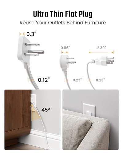 Superdanny 15ft Flat Plug Extension Cord with 10 Outlets & USB Ports - White