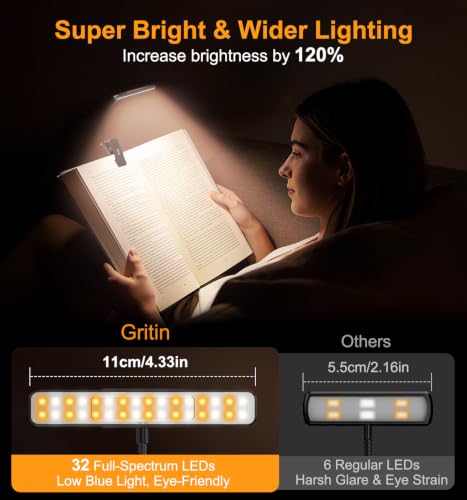 Gritin 2026 Gen 2 Book Light Black - Eye-Caring Full Spectrum LED Reading Lamp