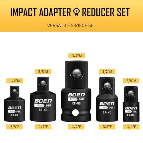 BOEN 5 Piece Impact Socket Adapter Set and Reducer Set, Standard SAE, 1/4", 3/8", 1/2" Impact Driver Conversions, CR-MO Steel Impact Driver & Wrench Conversion Kit
