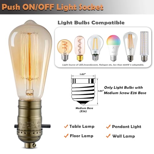 EMNOOTI Antique Brass Push On/Off Lamp Socket with Switch - 2 Pack