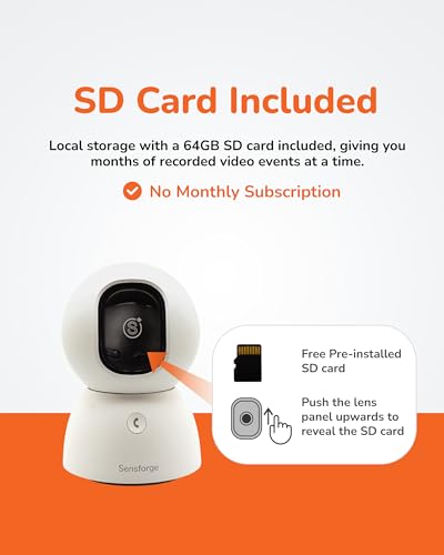 SensForge Wired 2.5K Indoor Pan-Tilt Security Camera with 64GB SD Card, 360° Coverage, AI Human & Pet Detection, Two-Way Audio, No Subscription, White