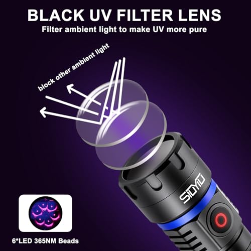 365nm UV-Flashlight Blacklight, 60W 6*LED Beads, 5000mAh Rechargeable Black Light, IP65 Waterproof Blacklight Flashlights for Pet Urine Detection, Resin Curing, Rock Hunting, Mineral Detection