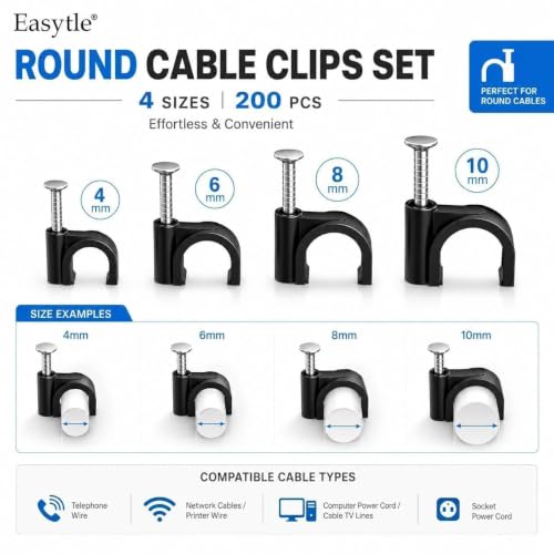 200 Pcs Cable Clips Set - Assorted Sizes for Wire Management in Home & Office