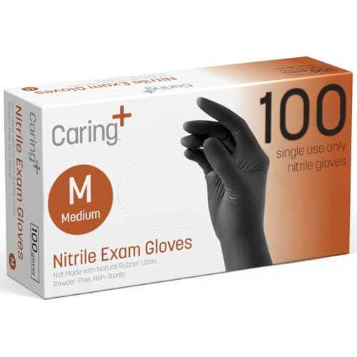 Caring Black Nitrile Exam Gloves, 100 Count, Powder Free and Not Made with Rubber Latex, for Medical Use, Cleaning, Food Prep