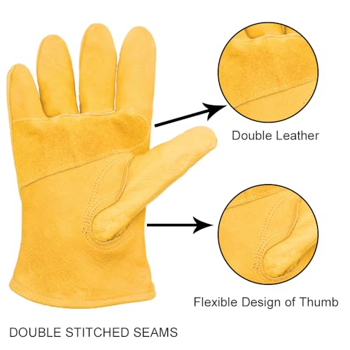 3 Pairs Leather Work Gloves for Men, Durable Gardening Gloves, Cowhide Work Gloves for Driver, DIY, Construction