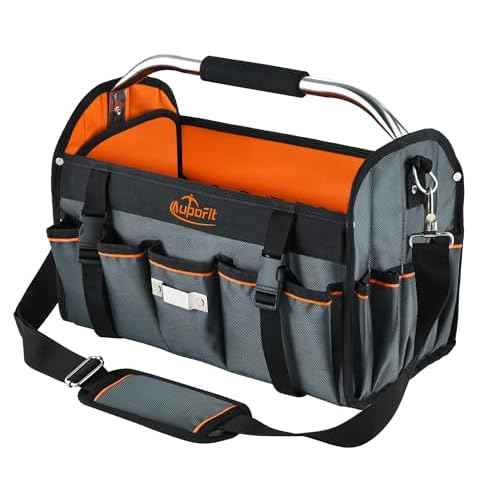 16 Inch Open Top Tool Bag, Thick 1680D Fabric, Foldable 29 Pockets Tool Tote Bags with Stainless Steel Handle & Padded Shoulder Strap, Easy Carry and Easy Tool Access
