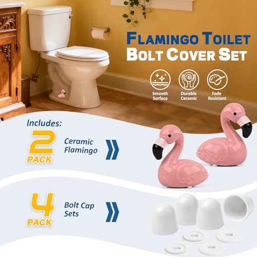 Neexan Pink Flamingo Ceramic Toilet Bolt Covers - Decorative Bathroom Caps, 2 Pack