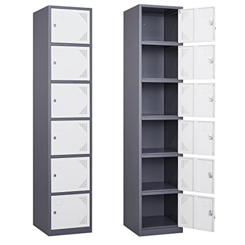 Yizosh 6-Door Metal Locker Storage Cabinet - Tall Steel Lockers for School, Gym, Office, Home, Garage - Gray White