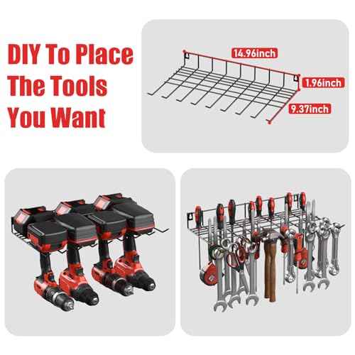 JUNNUJ Tool Organizer with Charging Station, 3 Layers Wall Mount Garage Tools Storage with 8 Outlets Power Strip, 4 Drills Holder Battery Heavy Duty Metal Shelf, Utility Rack with Hooks, Black