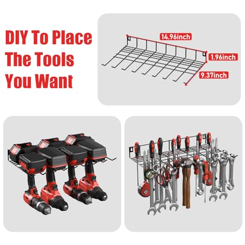 JUNNUJ Tool Organizer with Charging Station, 3 Layers Wall Mount Garage Tools Storage with 8 Outlets Power Strip, 4 Drills Holder Battery Heavy Duty Metal Shelf, Utility Rack with Hooks, Black