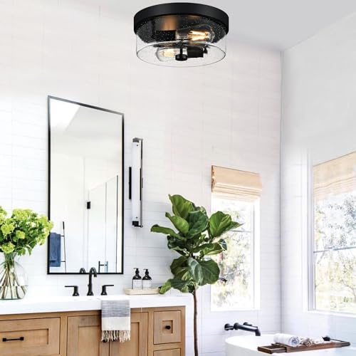 Matte Black Farmhouse 2-Light Flush Mount Ceiling Light Fixture with Seeded Glass Shade