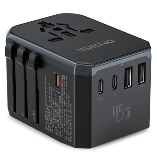 EPICKA 45W Universal Travel Adapter with 3 USB-C & 2 USB-A Ports - Black, Model 45W-5USB