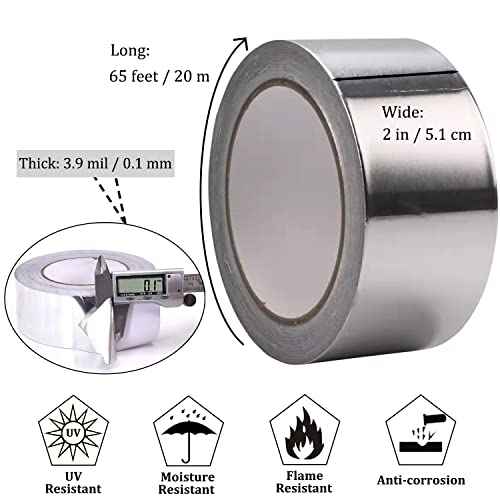 Aluminum Foil Duct Tape Heavy Duty Waterproof, Premium Silver Metal HVAC Heat Tapes (2"*65Feet,3.9mil), High Temperature, Dryer Vent Insulation Tape for Ductwork, Ducting, Sealing, Patching, Furnace